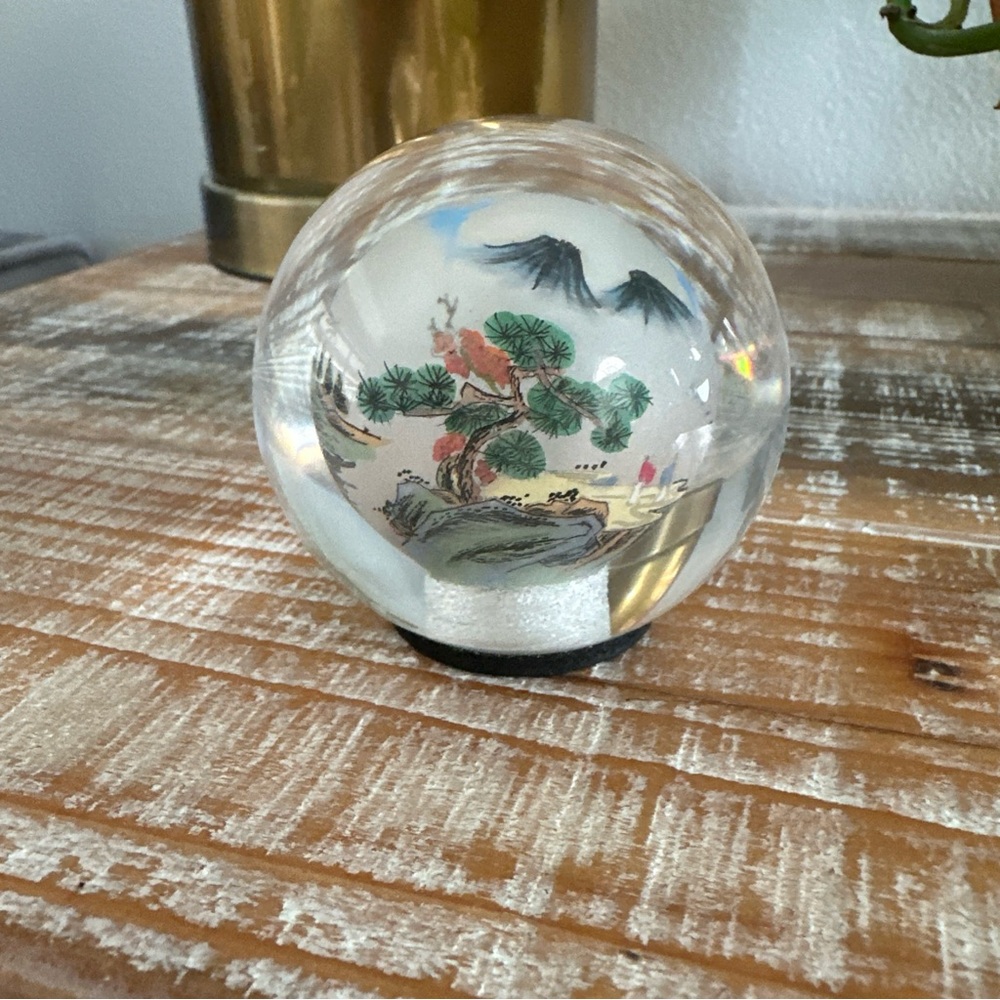 Vintage Glass Globe Paperweight Reverse Painted Chinese Landscape Small 2"